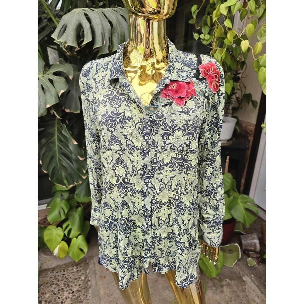 Aratta Silent Journey Floral Embroidered Button Down Shirt Top Unique Arts L